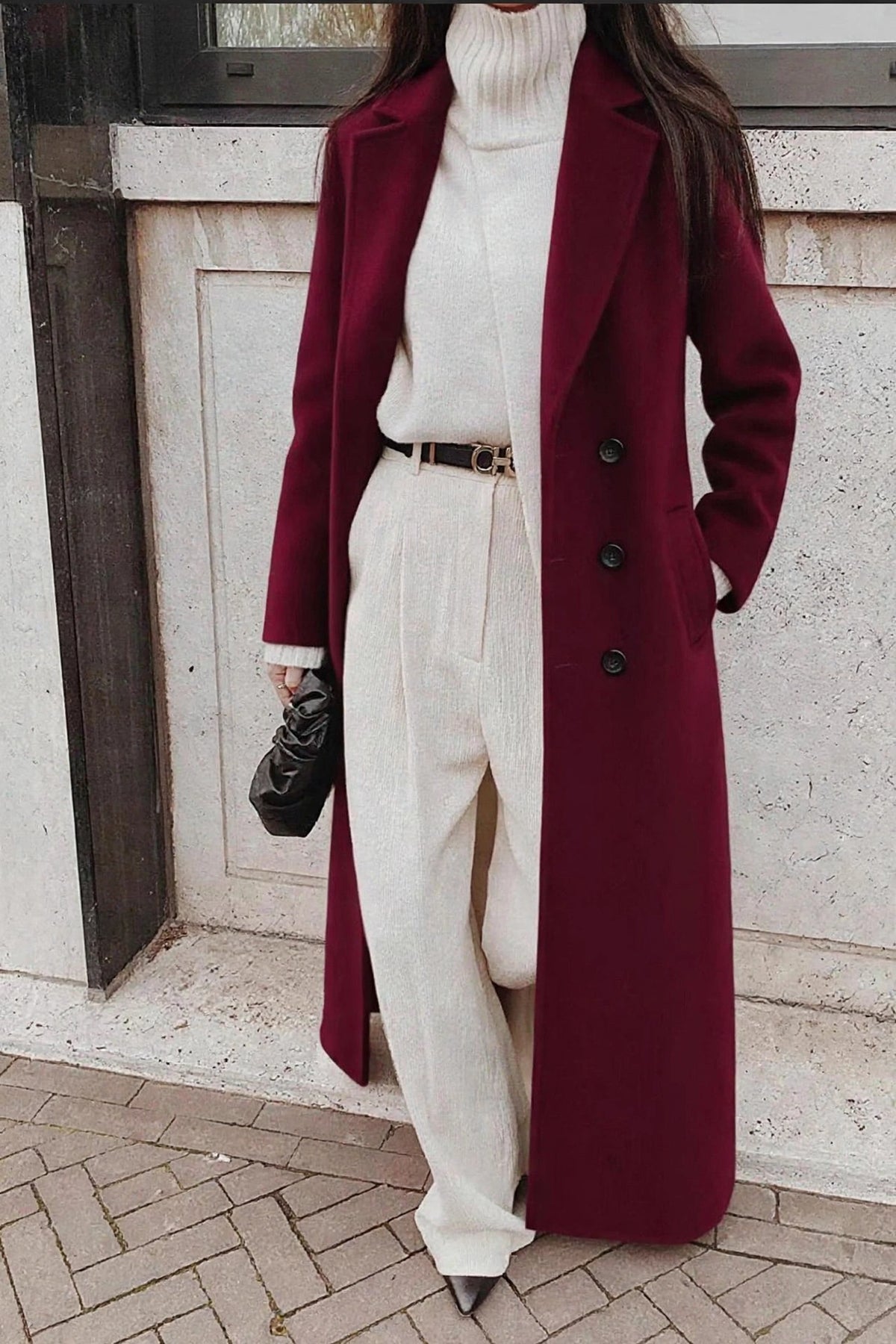 Nuit Black Long Wool Coat on model