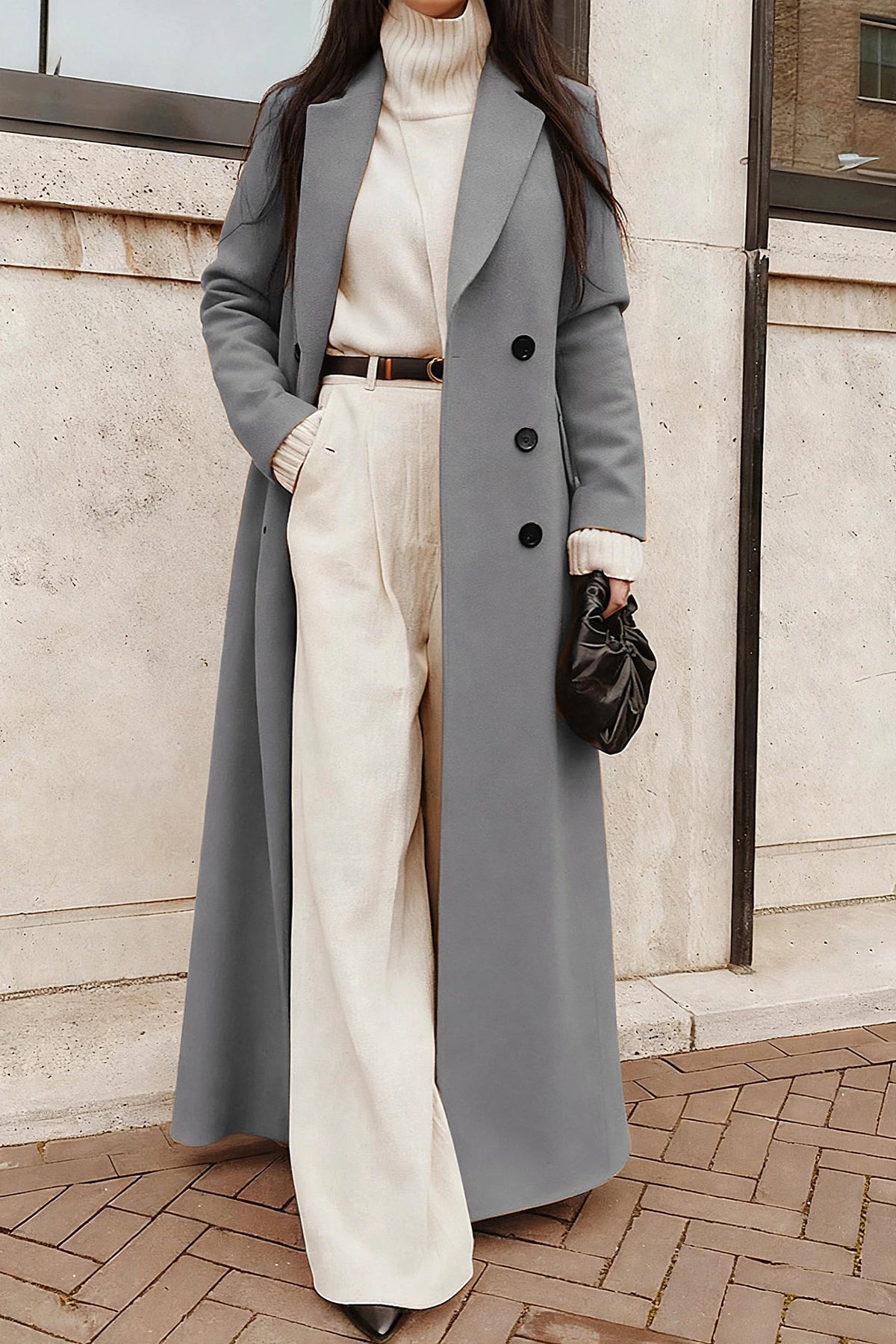 Nuit Black Long Wool Coat on model