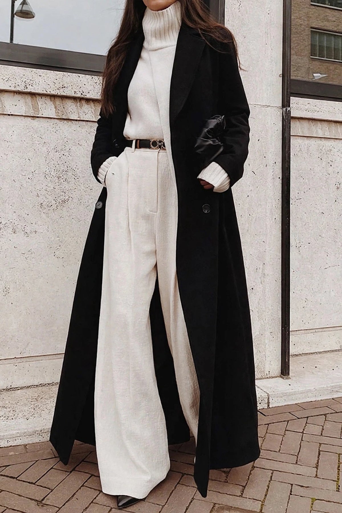 Nuit Black Long Wool Coat on model