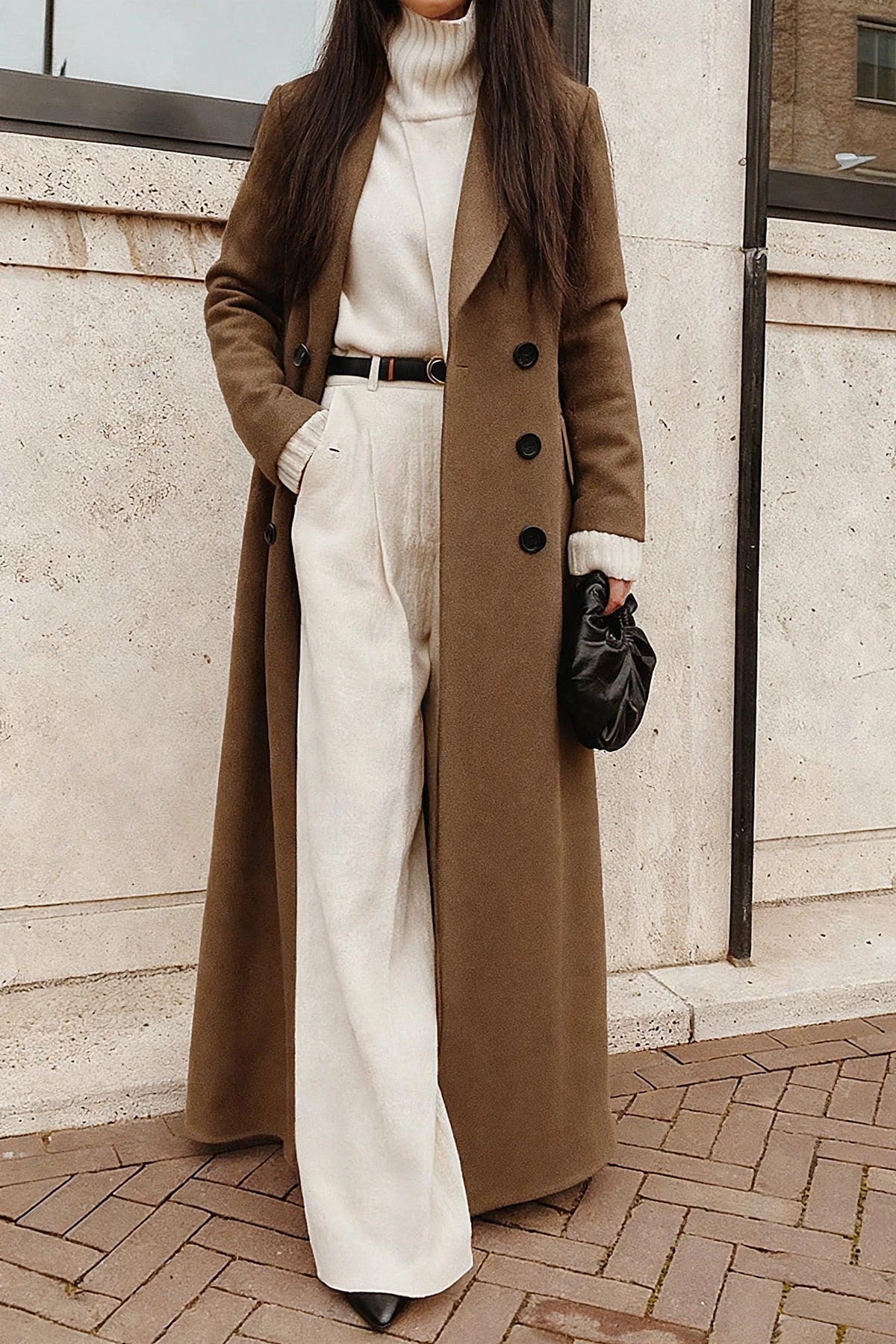 Nuit Black Long Wool Coat on model