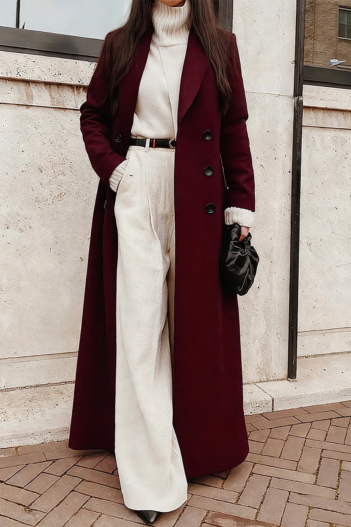 Nuit Black Long Wool Coat on model