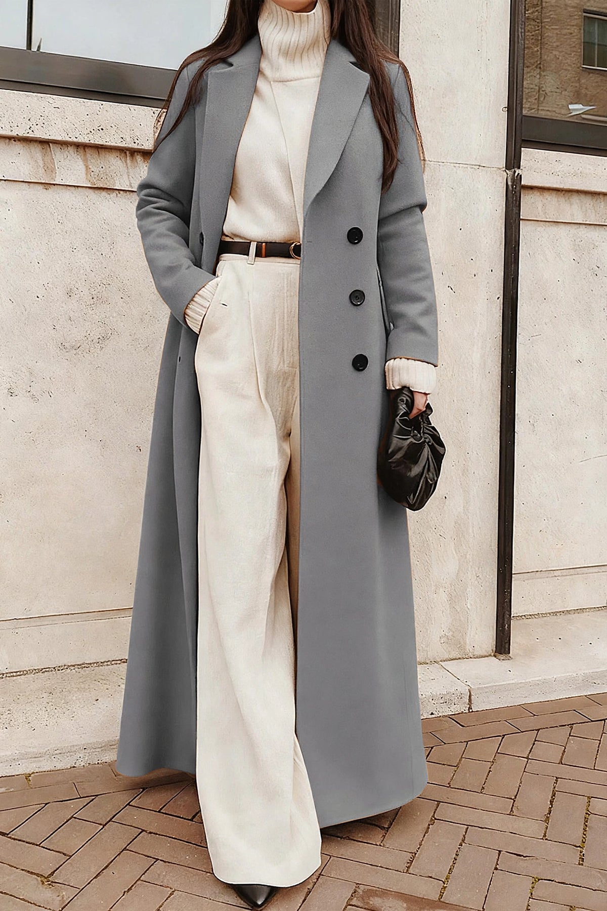 Nuit Black Long Wool Coat on model