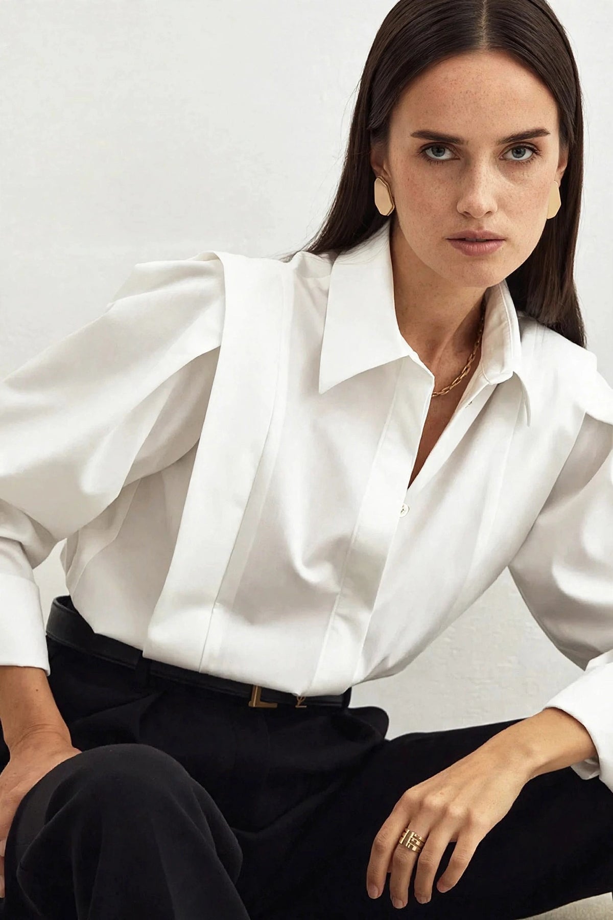 Perle White Pleated-Front Shirt on model
