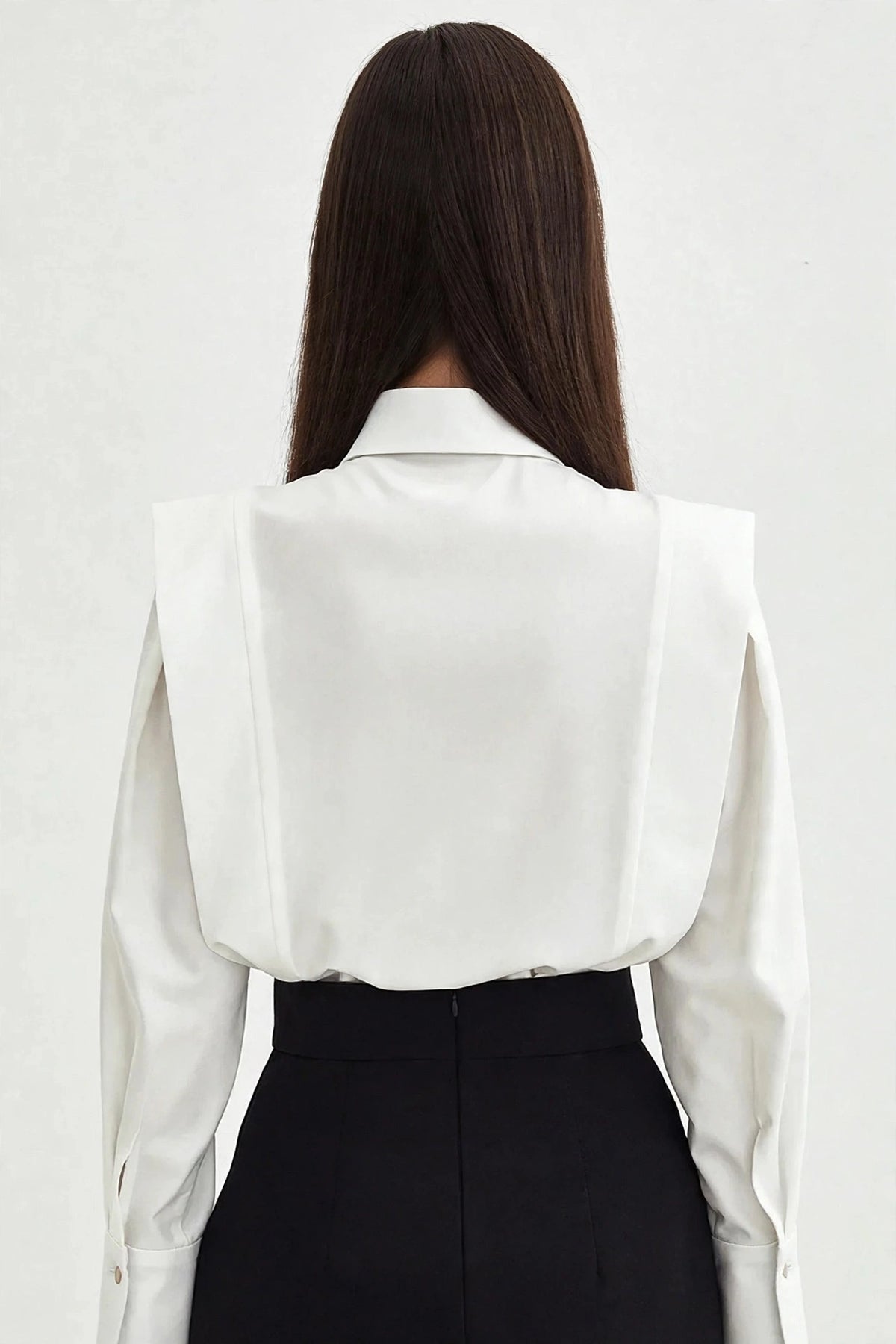 Perle White Pleated-Front Shirt on model