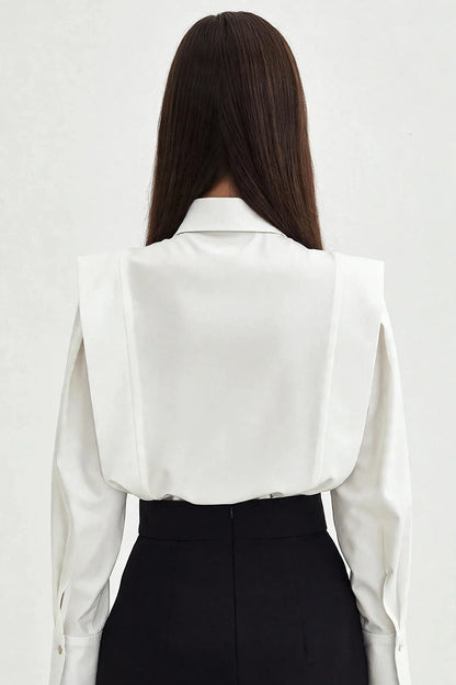 Perle White Pleated-Front Shirt on model