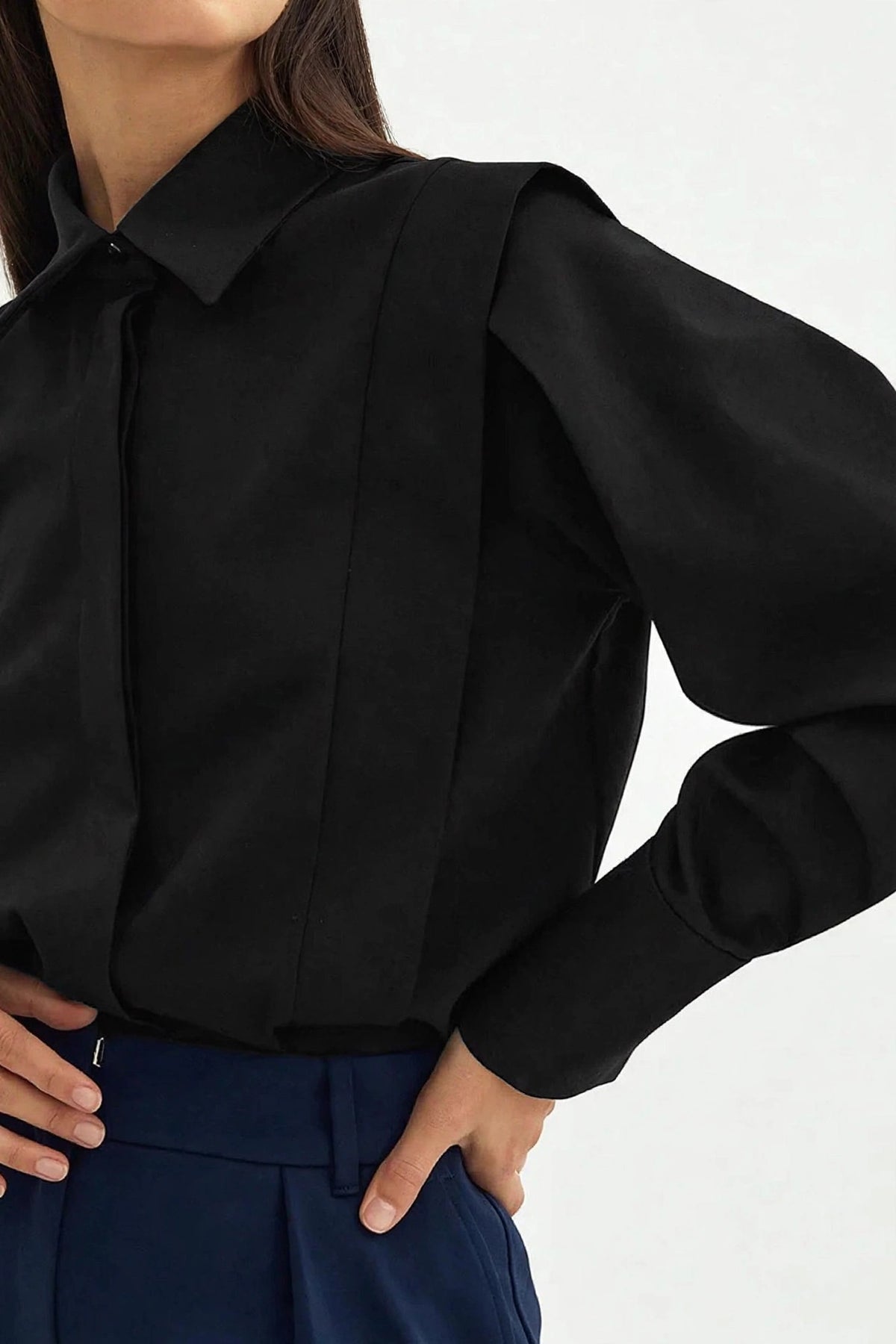 Perle White Pleated-Front Shirt on model