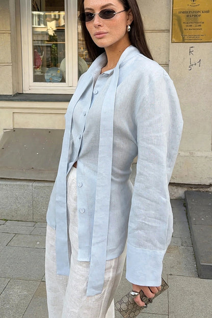 Avoine Beige Linen Tie-Neck Shirt on model