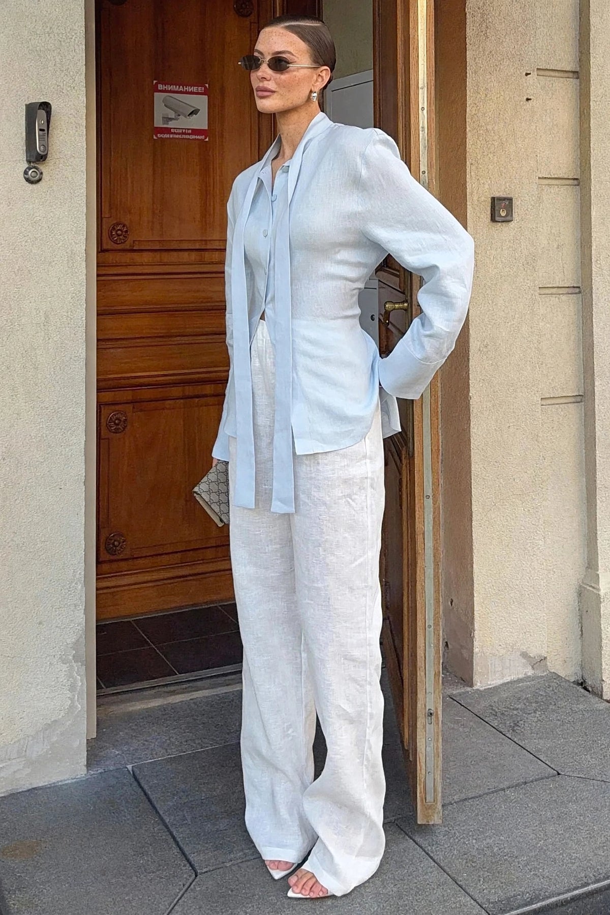 Avoine Beige Linen Tie-Neck Shirt on model