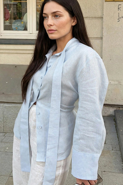 Avoine Beige Linen Tie-Neck Shirt on model