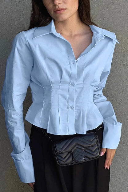 Ciel Blue Pleated Blouse on model