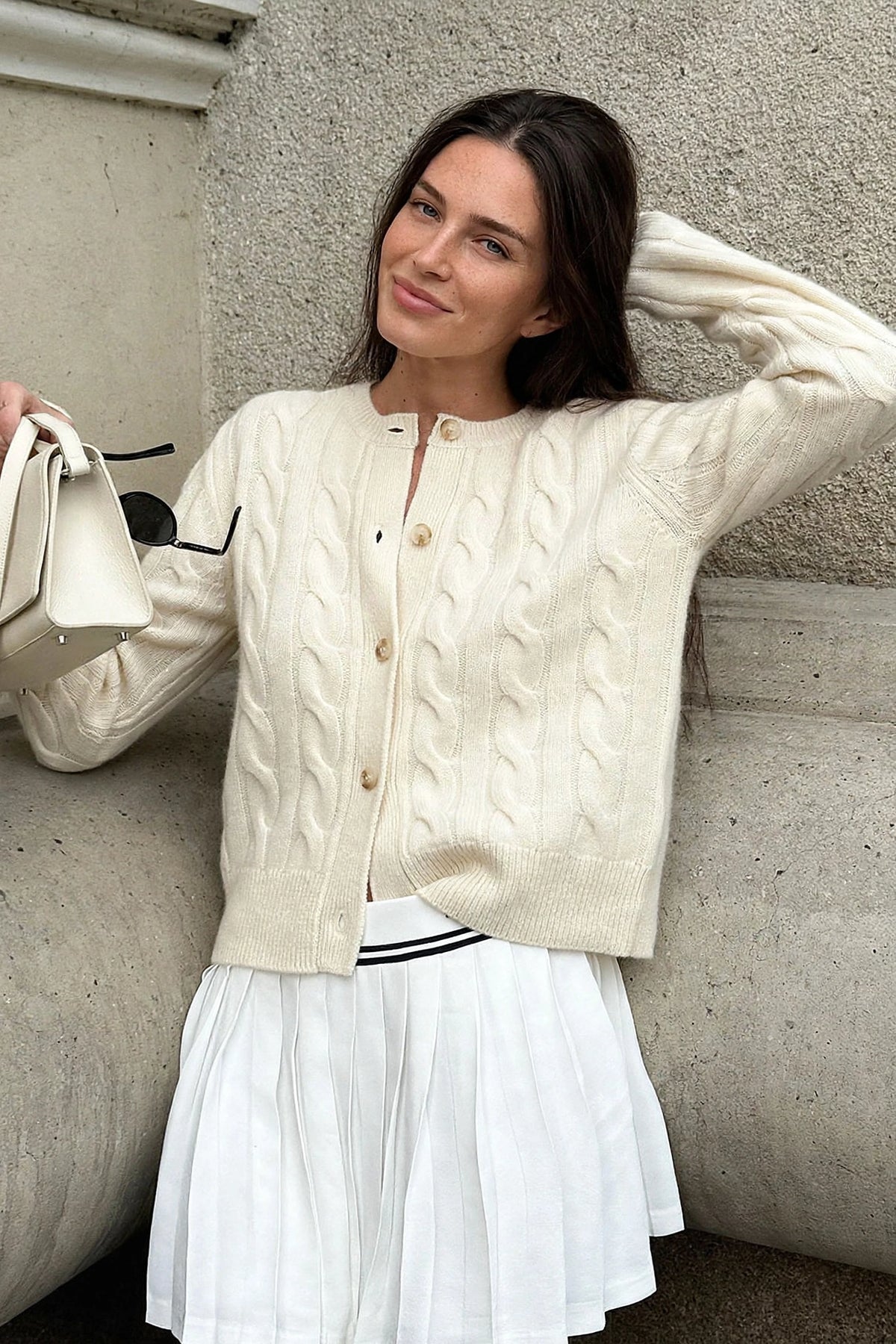 Meringue Cream Cable-Knit Cardigan on model