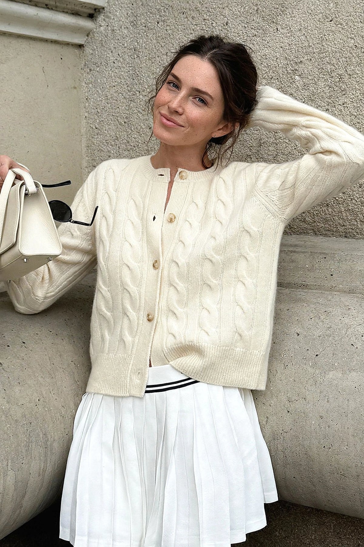 Meringue Cream Cable-Knit Cardigan on model
