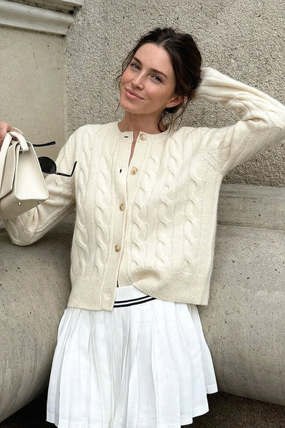 Meringue Cream Cable-Knit Cardigan on model