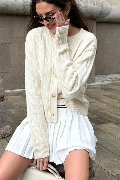 Meringue Cream Cable-Knit Cardigan on model