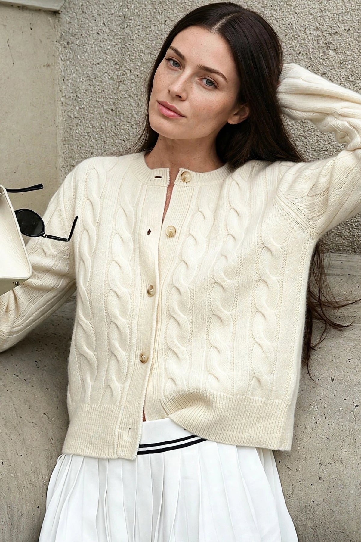 Meringue Cream Cable-Knit Cardigan on model