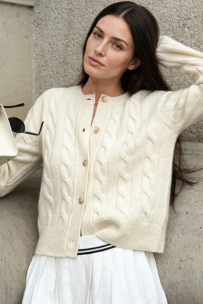 Meringue Cream Cable-Knit Cardigan on model