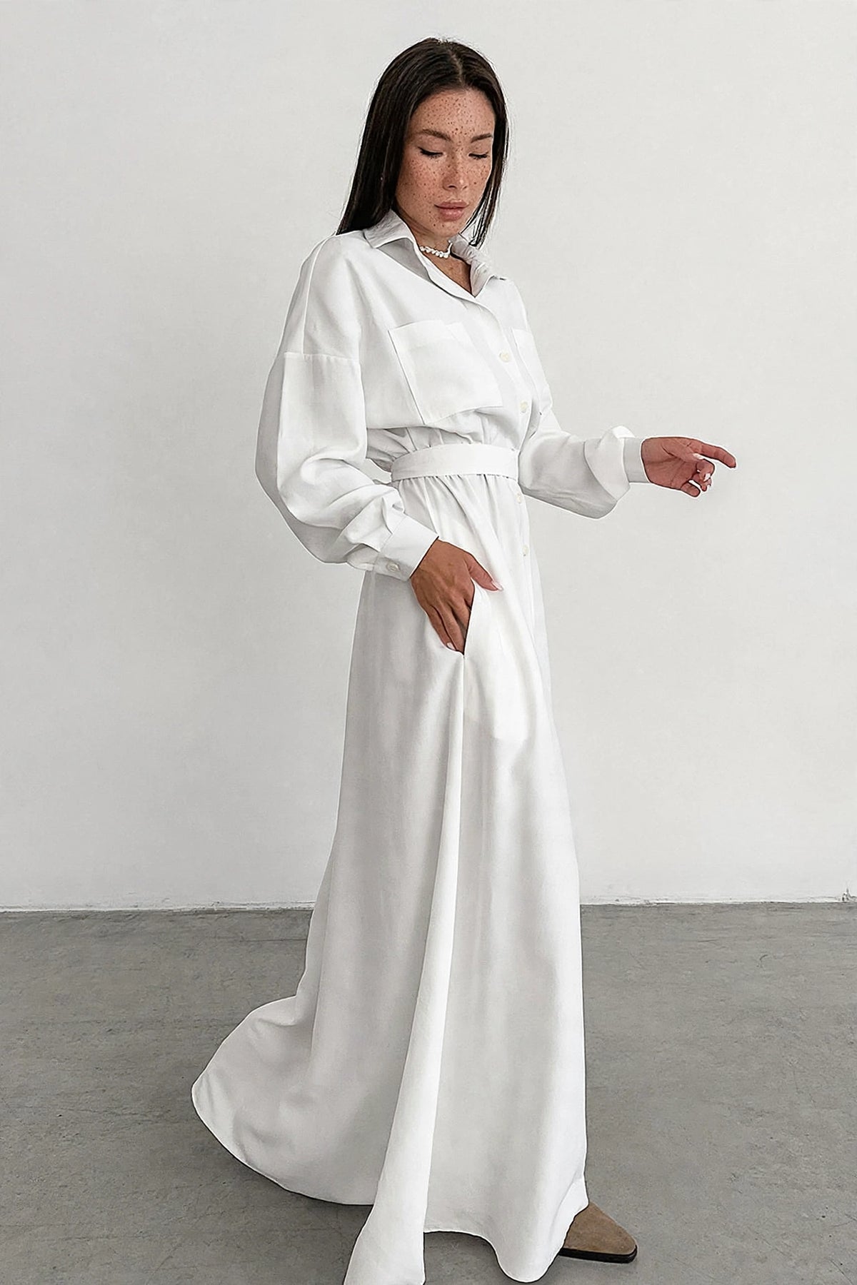 Albane White Shirt Dress on model