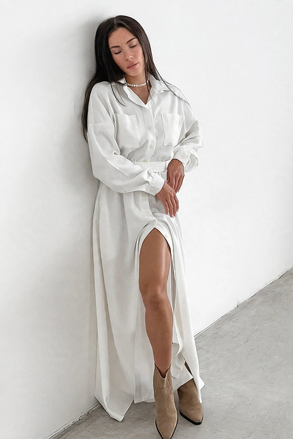 Albane White Shirt Dress on model
