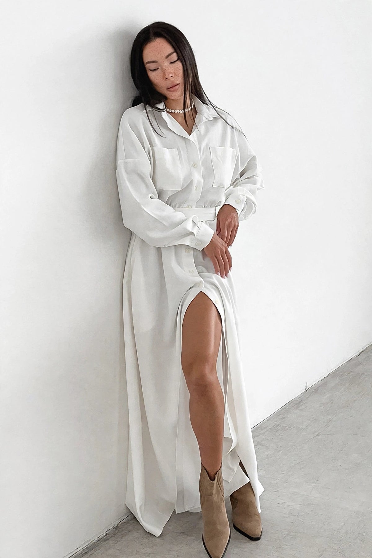Albane White Shirt Dress on model