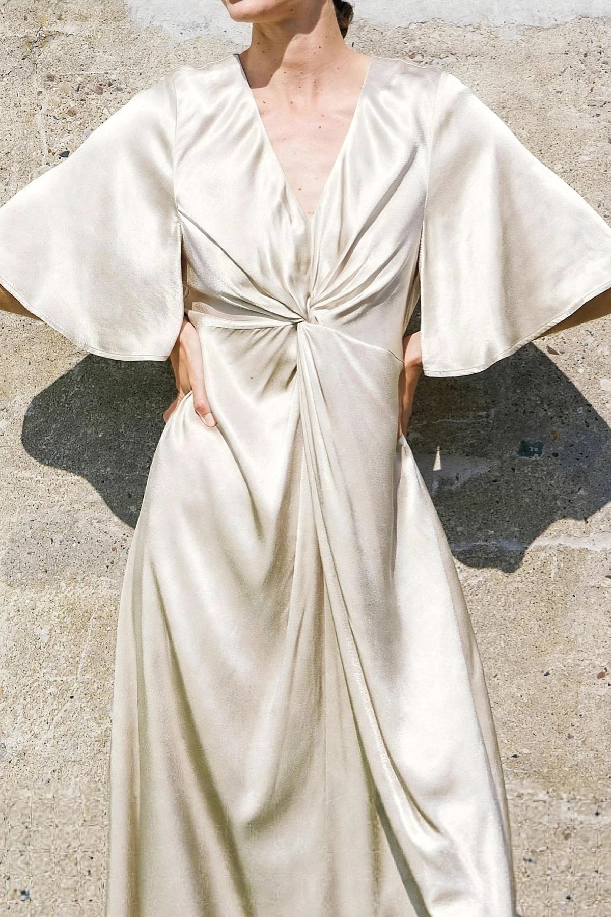 Aurore Champagne Knot Dress on model