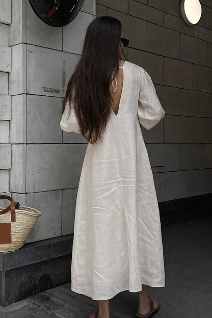 Brume Linen Puff-Sleeve Dress on model