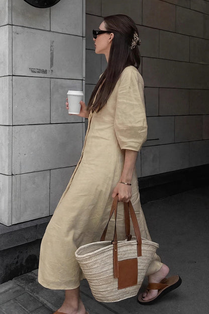 Brume Linen Puff-Sleeve Dress on model