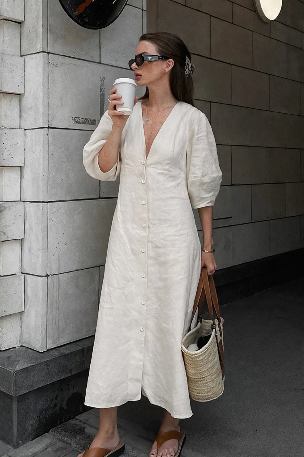 Brume Linen Puff-Sleeve Dress on model