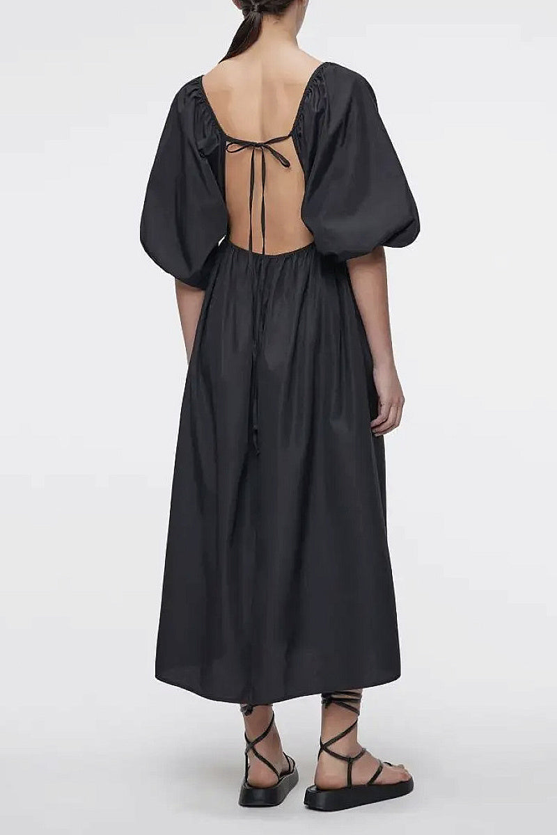French Minimalist V-Neck Puff Sleeve Dress