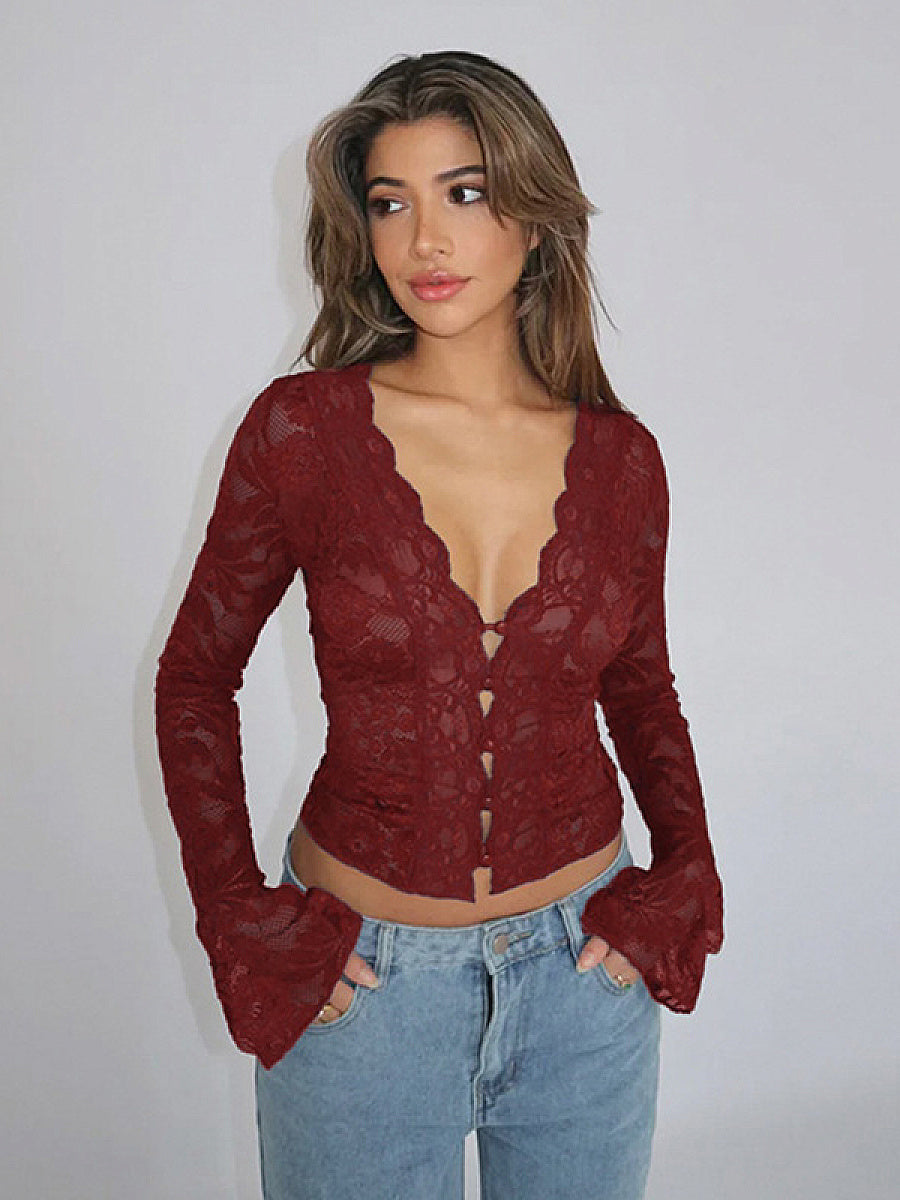 Chic Women's V-Neck Lace Long Sleeve Top