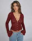 Chic Women's V-Neck Lace Long Sleeve Top