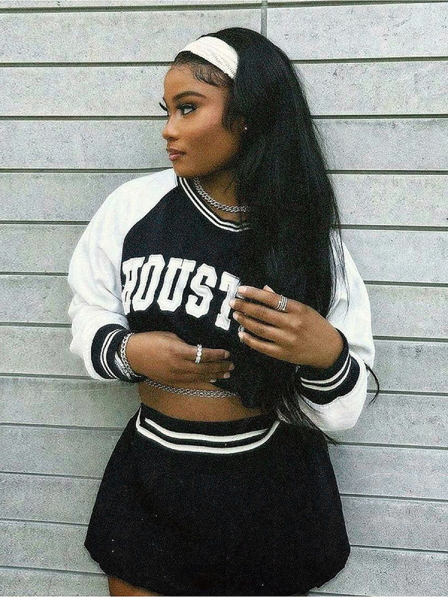 Trendy Casual Baseball Sweatshirt Skirt Set