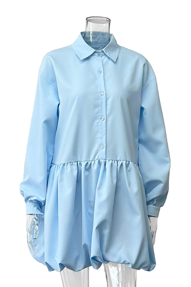 Sweet Puff Sleeve Buttoned A-Line Dress