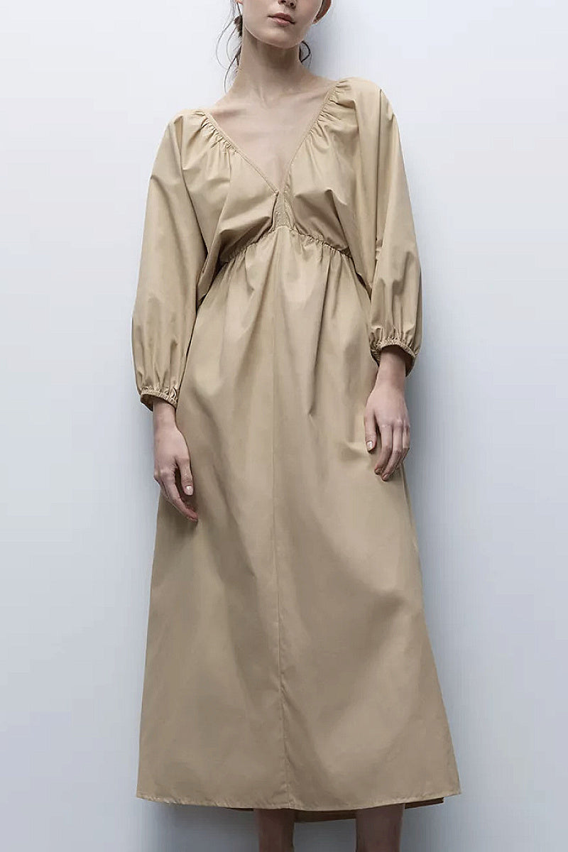 French Minimalist V-Neck Puff Sleeve Dress