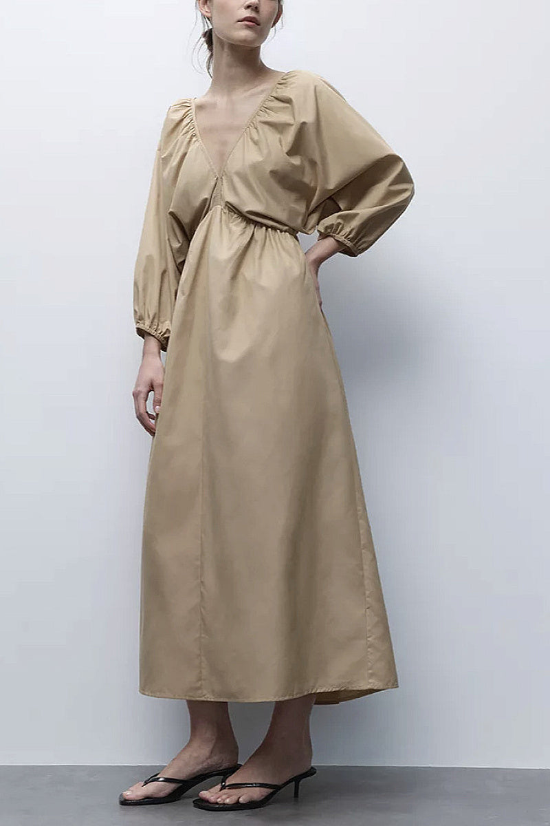 French Minimalist V-Neck Puff Sleeve Dress