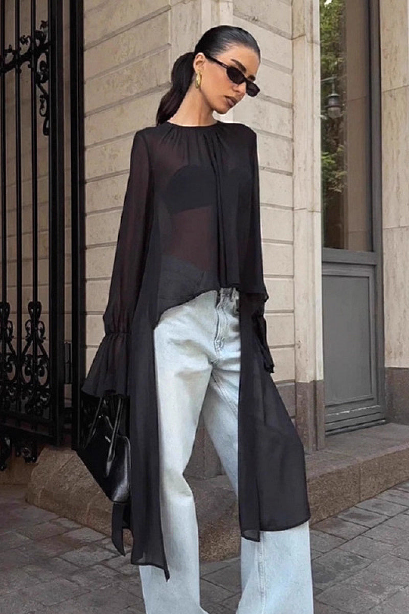 Chic Black Chiffon Top with Flare Sleeves
