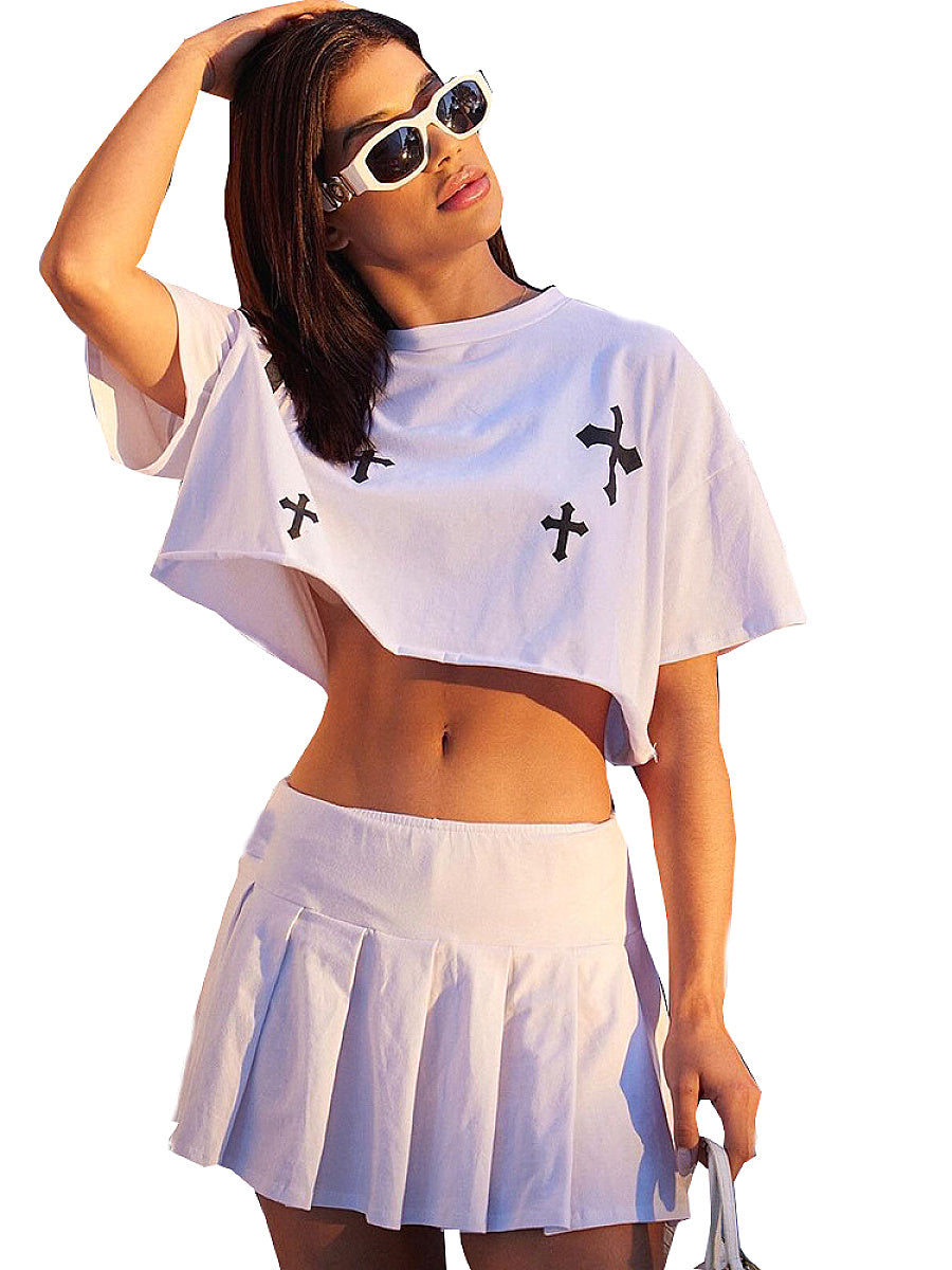 Stylish Cross Print Loose Top and Skirt Set