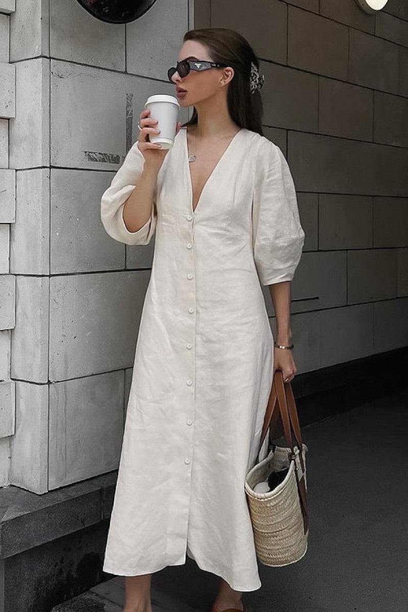 Casual Loose Cotton Linen Dress with Puff Sleeves