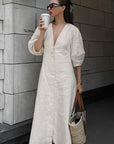 Casual Loose Cotton Linen Dress with Puff Sleeves