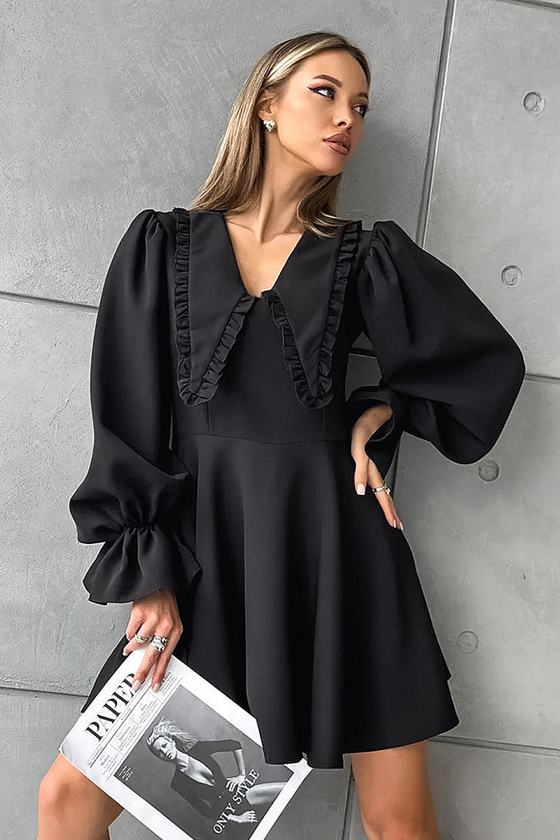 Fashionable Black Doll Collar Dress with Flare Sleeves
