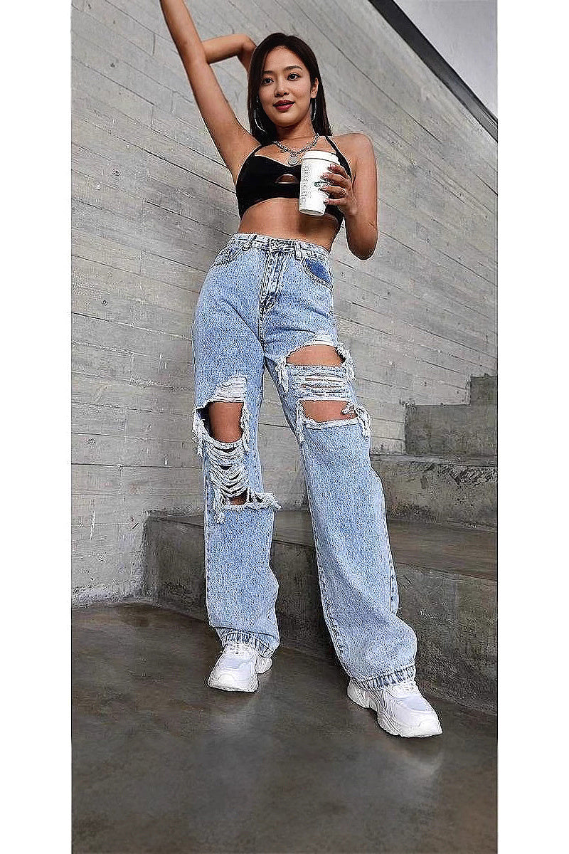 High Waist Ripped Straight Leg Jeans for Women