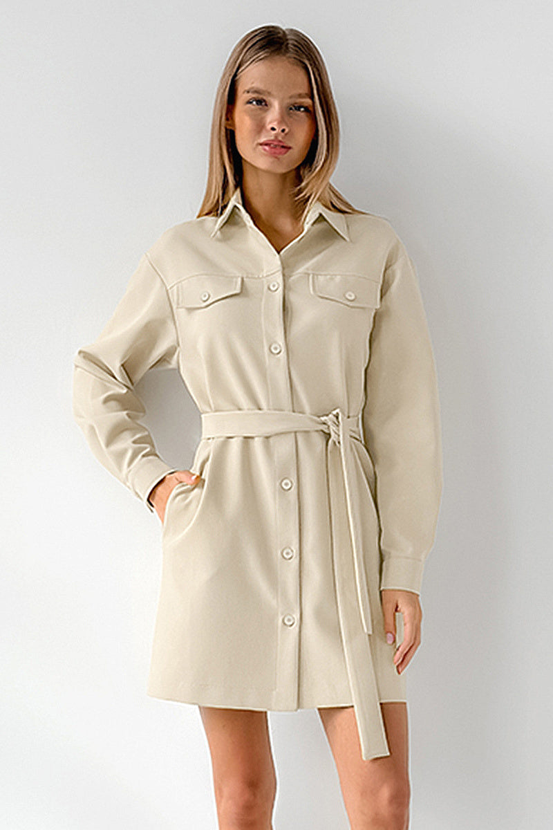 Retro Khaki Work Dress with Belted A-Line Style