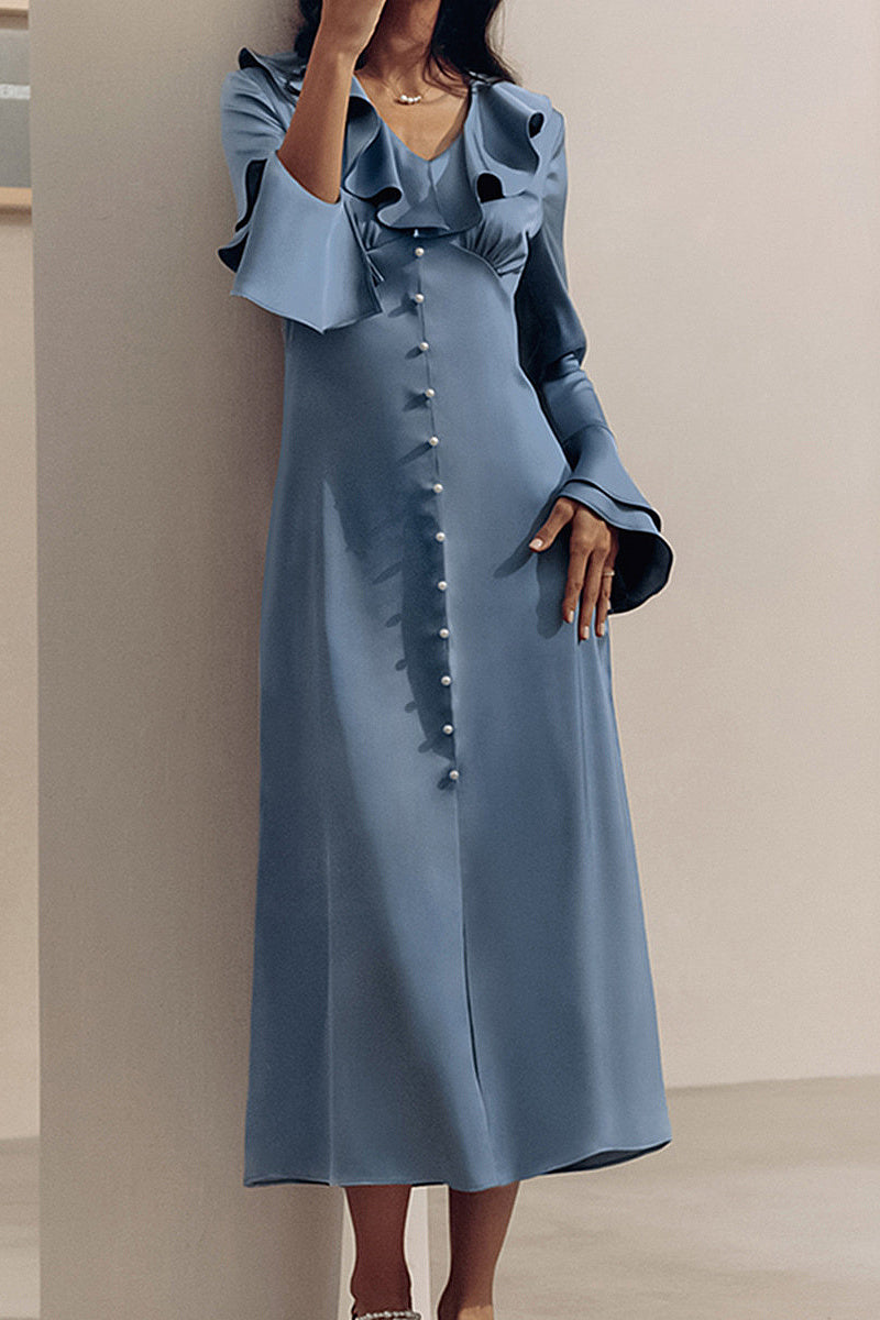 Spring French Blue Satin Dress with Ruffles