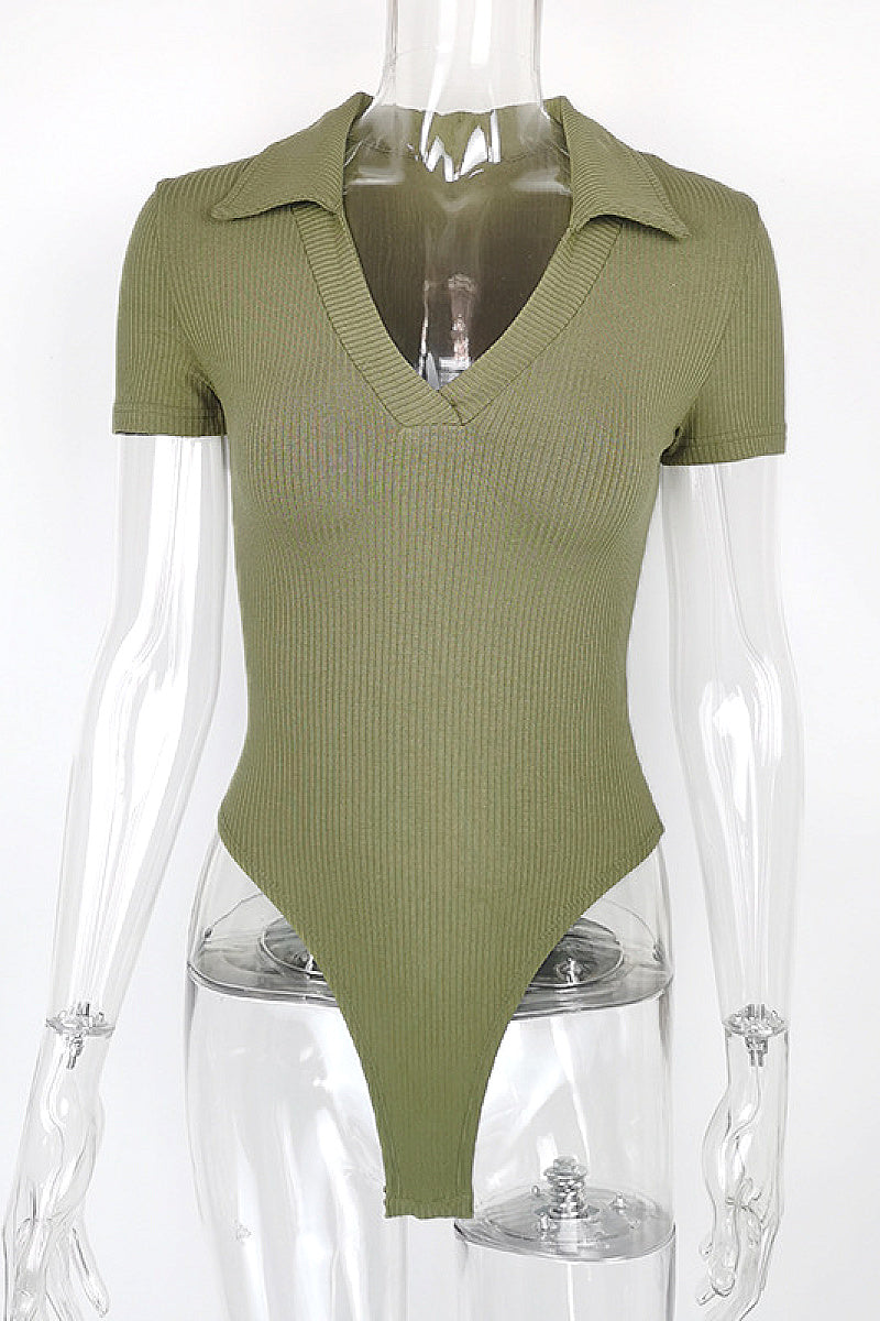 Summer New Women's Cotton Polo Neck Slim Fit Bodysuit