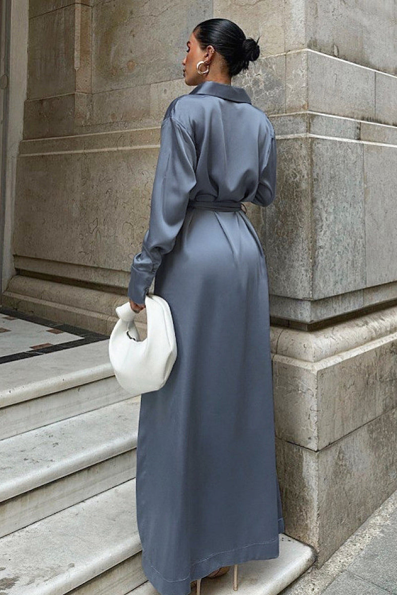 Elegant Blue Satin Shirt Dress for Women