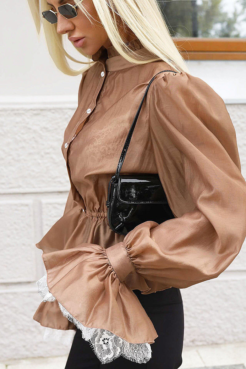 Asymmetrical Lace Shirt with Ruffle Hem