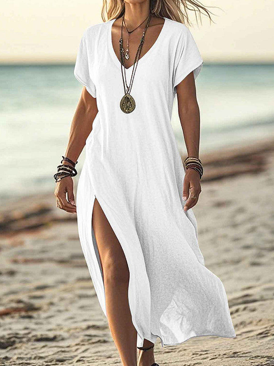 Loose Solid Color V-Neck Short Sleeve Dress