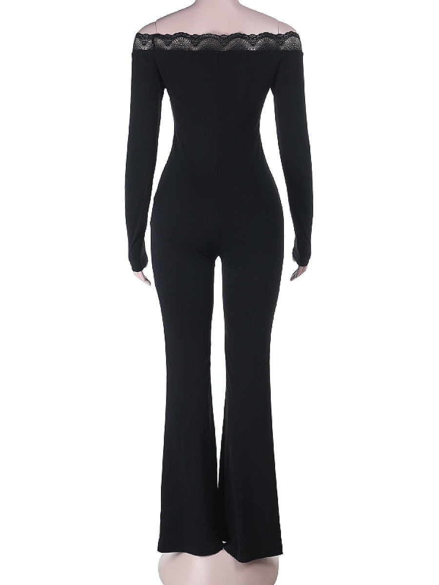 European Style Lace One-Shoulder Long Sleeve Jumpsuit