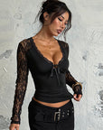 Lace Panel V-Neck Long Sleeve Top