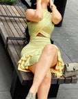 Fashionable Solid Color A-Line Dress with Ruffles