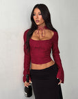 Lace Sheer Long Sleeve Top with Tie